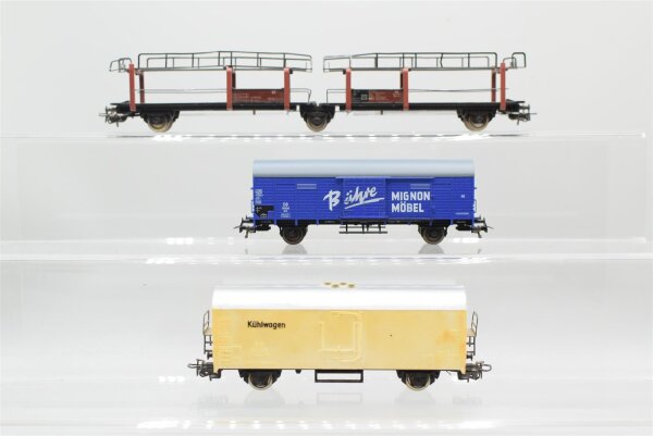 Fleischmann H0 Konvolut Gedeckter Güterwagen (Bähre Mignon Möbel), Kühlwagen, Autotransportwagen, DB