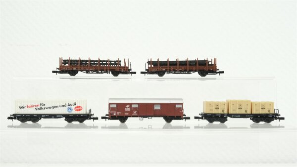 Arnold N Konvolut Rungenwagen, Containertragewagen (VW/Audi), Flachwagen mit Kisten (Mercedes), Gedeckter Güterwagen (500 Jahre Post), DB