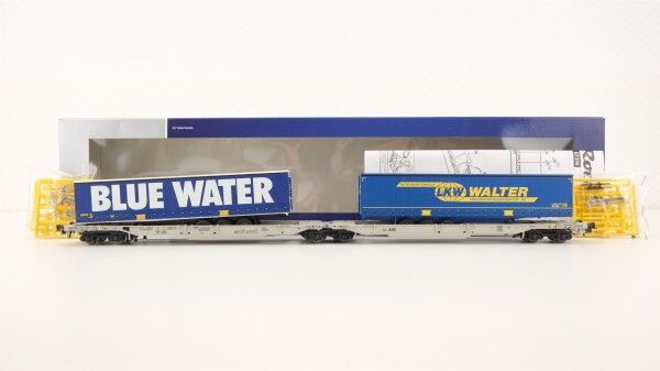 Roco H0 67398 Doppeltaschen-Gelenkwagen DB mit 2 Aufliegern "Blue Water und LKW Walter"