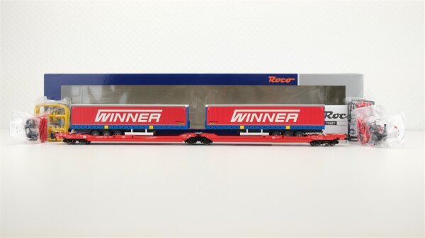 Roco H0 75887 Doppeltaschen-Gelenkwagen T3000e DB mit 2 Aufliegern "Winner"