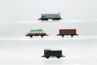 Minitrix N Konvolut ged, Güterwagen/ Großraum-Kesselwagen/ Niederbordwagen mit Plane/ Güterzugbegleitwagen DB