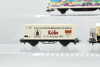 Märklin H0 Konvolut Seitenwandschiebewagen (Weihnachtsmotiv), Kühlwagen (König Pilsener), Containetragwagen (8. Int. MoBa-Ausstellung Köln 1990) DB