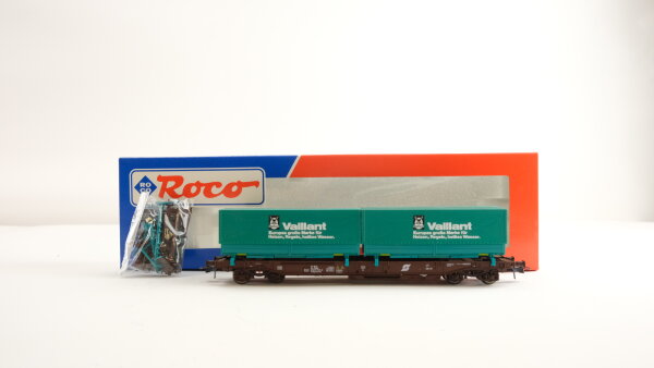 Roco H0 46577 Taschenwagen mit Container (Vaillant) ÖBB