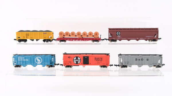 Bachmann/Arnold N Konvolut amerikanische Flachwagen/ Selbstentladewagen/ ged. Güterwagen SFRC/ATSF/GN/B&O/NYC