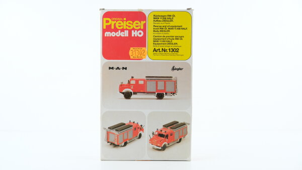 Preiser H0 1302 Feuerwehr Rüstwagen RW-Öl, MAN 11.168 HALF, Aufbau Ziegler