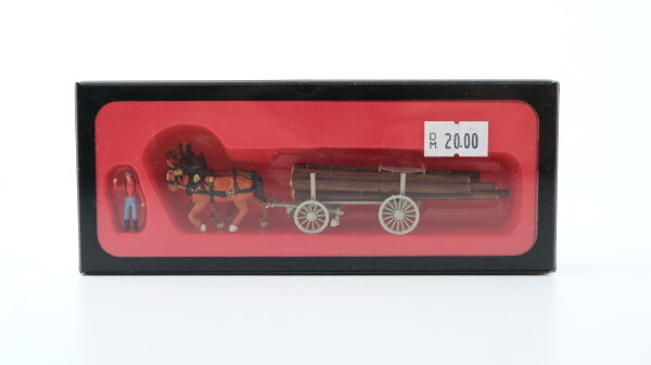 Preiser H0 30465 Langholzwagen mit Pferdegespann