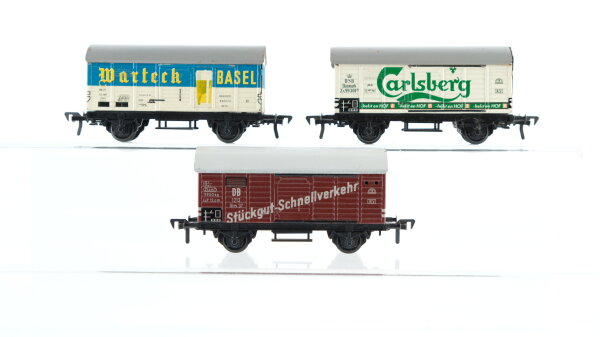 Fleischmann H0 Konvolut Gedeckte Güterwagen (Stückgut-Schnellverkehr, Warteck Basel, Carlsberg), DB/SBB-CFF/DSB