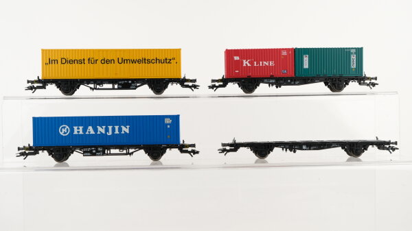 Märklin H0 Konvolut Containertragwagen mit Container (Im Dienste für den Umweltschutz, Hanjin, "K" Line, UASC) DB