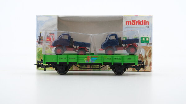 Märklin H0 94110 Niederbordwagen mit UNIMOG-Fahrzeugen 1.FC Märklin Jahreswagen 2001