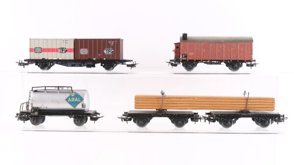 Märklin H0 Konvolut Kesselwagen (Aral), Langholztransport, Containerwagen (DB-TFG), gedeckter Güterwagen mit Bremserhaus DB,u.a.