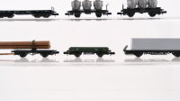 Arnold N Konvolut Güterwagen Drehschemelwagen mit Bremserhaus und Ladung Baumstämme, Containerwagen (DB), Flachwagen leer, Niederbordwagen grün, Flachwagen mit Ladung (Von nHaus zu Haus) DB,u.a.