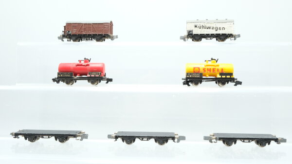 Rokal TT Konvolut Güterwagen gedeckter Güterwagen mit Bremserhaus, Kühlwagen, Kesselwagen (rot, Shell), Unterteile Güterwagen