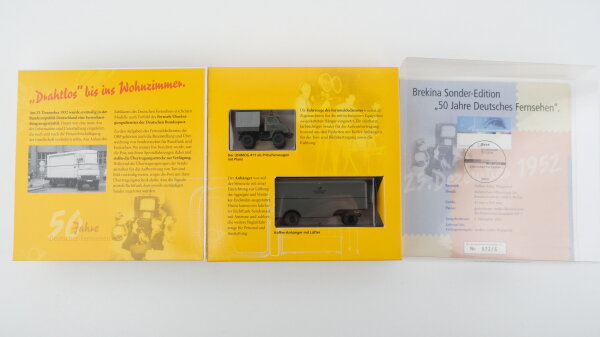 Brekina H0 Mercedes-Benz Unimog 411 mit Kofferanhänger "50 Jahre Deutsches Fernsehen"