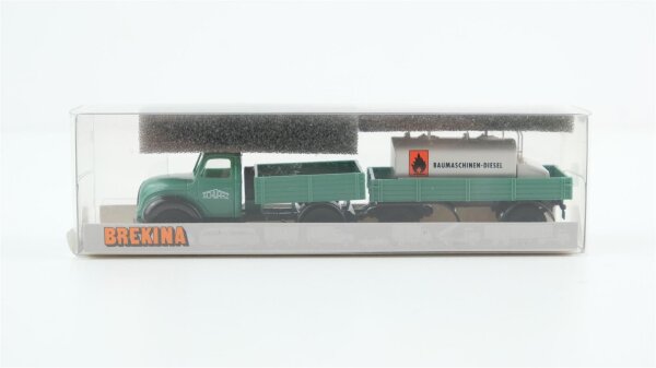 Brekina H0 249619 Magirus Mercur Pritsche mit Anhänger + Dieseltank "Schwarz"