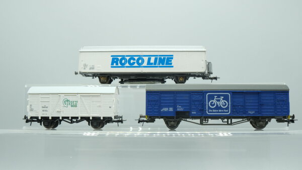 Roco H0 Konvolut Gedeckte Güterwagen (Roco Clean, Die Bahn fährt Rad, Gösser Bier), SBB-CFF/ BBÖ/ÖBB