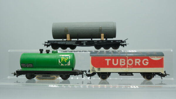 Unbekannt H0 Konvolut Bierwagen (Tuborg), Schwerlastwagen (mit Rohr), Kesselwagen (BP mit Schienenreinigungsfunktion)DSB/U.a.