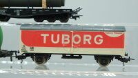 Unbekannt H0 Konvolut Bierwagen (Tuborg), Schwerlastwagen (mit Rohr), Kesselwagen (BP mit Schienenreinigungsfunktion)DSB/U.a.