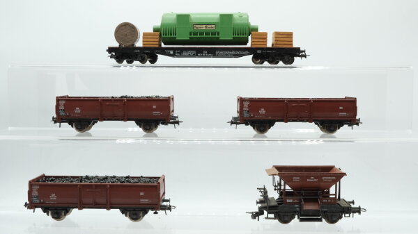 Roco H0 Konvolut Güterwagen Flachwagen mit Trafo/Ladung, Talbolt Schotterwagen, 3 x Hochbordwagen mit Kohle DB