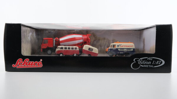 Schuco H0 23159655 Fahrzeug-Set Edition Metal (Betonmischer, Autobahnmeisteri, VW Bus mit Anhänger, Lieferwagen)