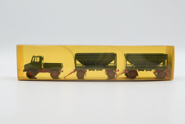 Wiking H0 29404 Unimog U 1500 mit zwei Kohlenanhängern grün/rot