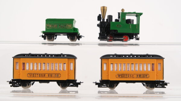 Egger-Bahn H0e Personenzug Dampflok "Union Pacific" mit Tender und 2 Western-Wagen "Western-Union"