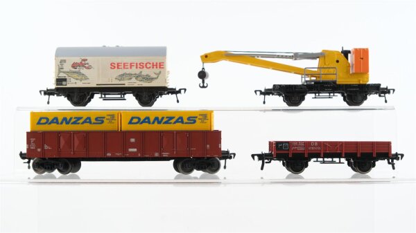 Fleischmann H0  Konvolut Güterwagen Kranwagen,  Niederbordwagen, Hochbordwagen mit 2 Container, Kühlwagen "Seefosche" DB