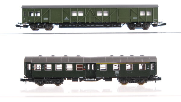 Roco N Konvolut Mitteleinstiegswagen 1./2.Kl., Hilfszuggerätewagen DB