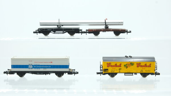 Fleischmann N Konvolut Güterwagen Drehschemelwagen mit Rohren, Kühlwagen Grolsch, Containerwagen WTA DB,NS,u.a.