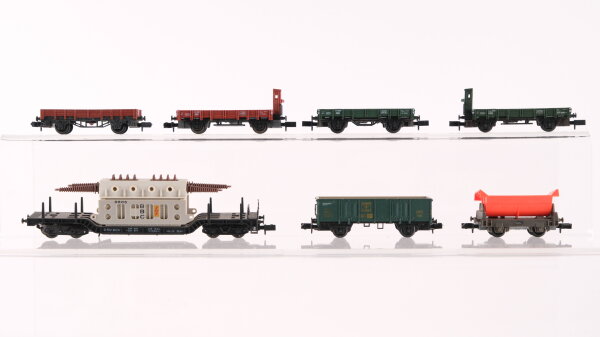 Arnold N Konvolut Niederbordwagen mit Bremserhaus Niederbordwagen Hochbordwagen Kipplore Schwerlastwagen mit Trafo "BBC" DB/u.a.