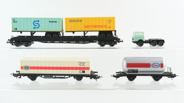 Lima H0 Konvolut Güterwagen Containerwagen, Kesselwagen Esso, Huckepackwagen mit 2 Trailer, 1 LKW lose dazu DB,u.a.