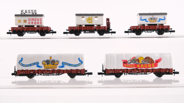 Arnold N Konvolut "Circus Krone" Rungenwagen mit Plane Niederbordwagen mit Zirkuswagen DB