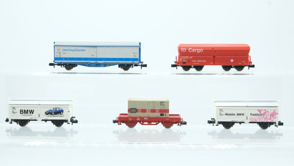Minitrix N Konvolut Seitenwandschiebewagen "BMW InterCargoExpress" Selbstentladewagen " DB Cargo" Niederbordwagen mit Container DB/NS