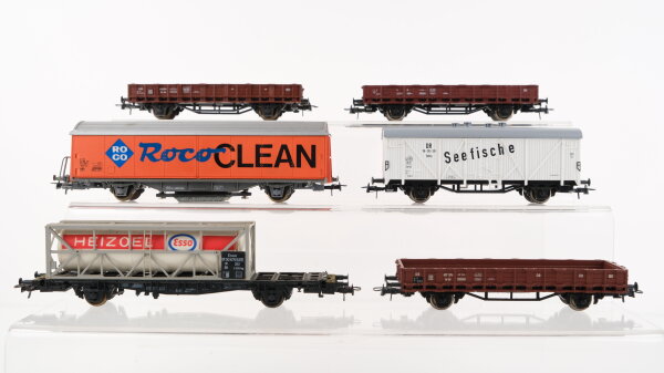 Roco H0 Konvolut Güterwagen Schienenreinigungswagen, Kühlwagen Seefische, 3x Niederbordwagen, Containerwagen mit Heizölcontainer ESSO SBB-CFF,DB,DRG,u.a.
