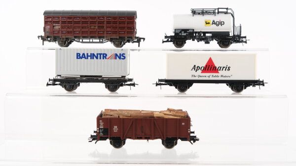 Roco H0 Konvolut Viehtransportwagen Hochbordwagen bContainertragewagen "Bahntrans/Apollinaris" Kesselwagen "Agip" DB