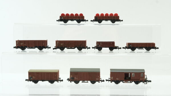 Minitrix N Konvolut Gedeckte Güterwagen Hochbordwagen Niederbordwagen mit Fässer DB/DR
