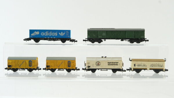 Minitrix N Konvolut Bierwagen "Alpirsbacher" Gedeckte Güterwagen "Bananen 9.MoBa-Ausstellung Berlin" Containertragewagen "Adidas" Gedeckter Güterwagen DB