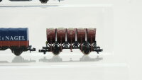 Fleischmann/u.a. N Konvolut Seitenwandschiebewagen Gedeckter Güterwagen Bierwagen "Patrizier-Bräu" Niederbordwagen mit Plane "Kühne & Nagel" Muldenkippwagen Niederbordwagen mit Straßenbahn-Chassis DB