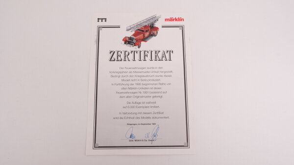 Märklin Zertifikat für1991 Feuerwehrwagen Märklin Metall