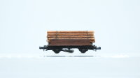 Minitrix N Konvolut Güterwagen 3 x gedeckter Güterwagen, Hochbordwagen mit Holz, Flachwagen mit Reinigungslippe und Holzladung DB, u.a.