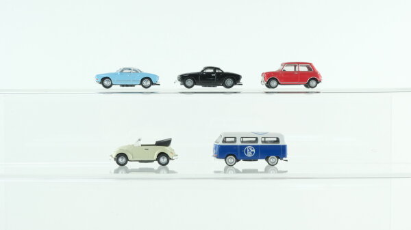 Schuco 1:87 Konvolut Fahrzeuge VW Käfer Cabriolet, 2 x VW Karman Ghia, Mini Cooper, VW Bus S04