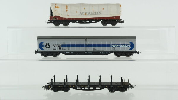 Märklin H0 Konvolut Niederbordwagen mit Plane "Märklin" Schwerlastflachwagen mit Rungen Seitenwandschiebewagen "VTG" DB