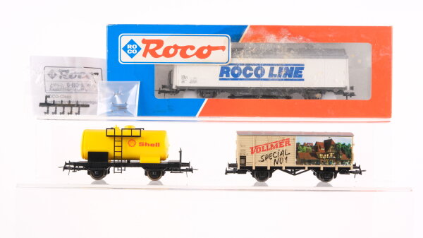 Roco H0 Konvolut Schiebewandwagen "Roco Line" mit Schienenreiniger Kesselwagen "Shell" Gedeckter Güterwagen "Vollmer Special No 1" SBB-CFF/u.a.