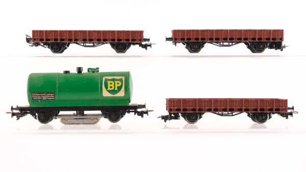 Liliput H0 Konvolut Niederbordwagen Kesselwagen "BP" mit Schienenreiniger ÖBB/BBÖ