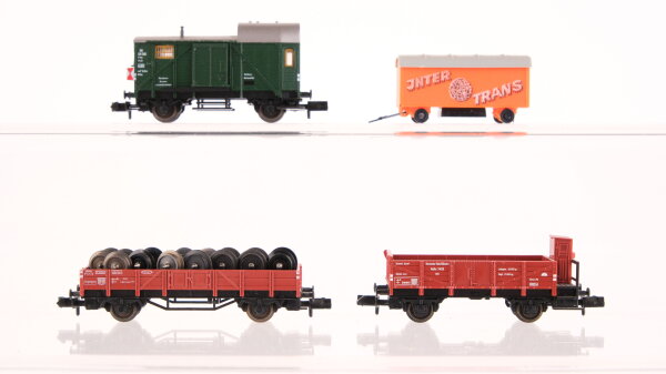 Fleischmann N Konvolut Güterwagen Niederbordwagen mit Achsenschrott, Mittelbordwagen mit Bremserhaus und Ladung Anhänger Inter Trans, Güterzugbegleitwagen DRG,DB, u.a.
