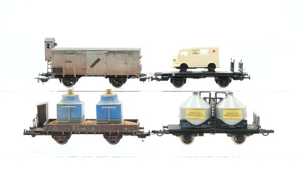 Unbekannt/Lima H0 Konvolut Flachwagen mit Citroen-Transporter "Rotes Kreuz" Gedeckter Güterwagen mit Bremserhaus Silowagen Niederbordwagen mit Bremserhaus und Ladung DR/FS/SNCF