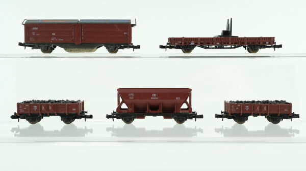 Roco N Konvolut Schienenreinigungswagen, Mittelbordwagen mit Kohle, Selbstentladewagen ohne Funftion, Niederbordwagen lang mit Kranstütze DB