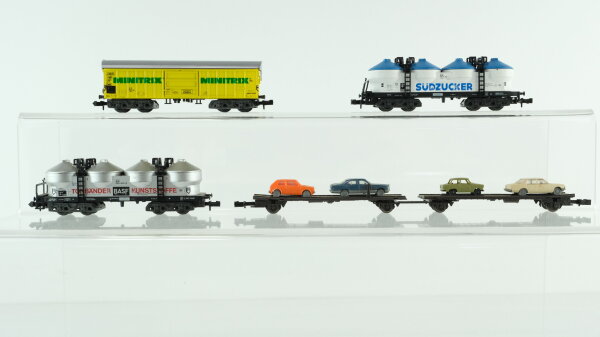 Minitrix N Konvolut Güterwagen 2 x Silowagen 4-achsig "BASF, Südzucker", Schwenkdachwagen 4-achsig "Minitrix", Autotransportwagen verm.Eigenbau DB