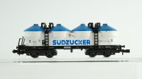 Minitrix N Konvolut Güterwagen 2 x Silowagen 4-achsig "BASF, Südzucker", Schwenkdachwagen 4-achsig "Minitrix", Autotransportwagen verm.Eigenbau DB