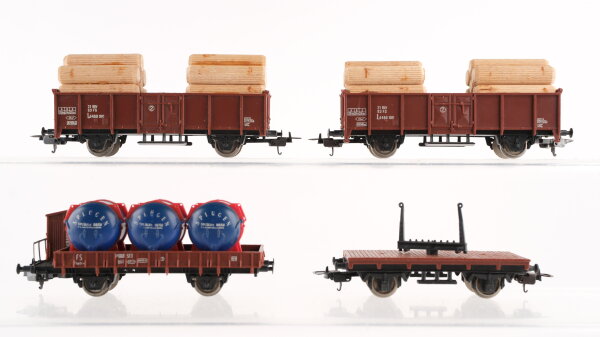Lima H0 Konvolut Güterwagen Drehschemelwagen, Hochbordwagen mit Holzladung, Niederbordwagen mit Bremserhaus und Ladung FS, u.a.