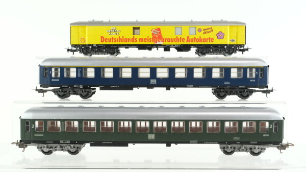 Märklin H0 Konvolut Abteilwagen 2.Kl. grün Personenwagen 1.Kl. blau Ausstellungswagen "Die General Karte" DB